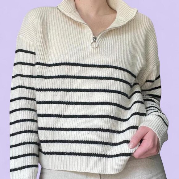 White and Black Striped Quarter Zip Sweater - Picture 3 of 5